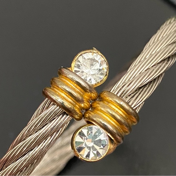 Unsigned Two-tone Twisted Cable Open Cuff CZ End Bangle Bracelet - Picture 11 of 12